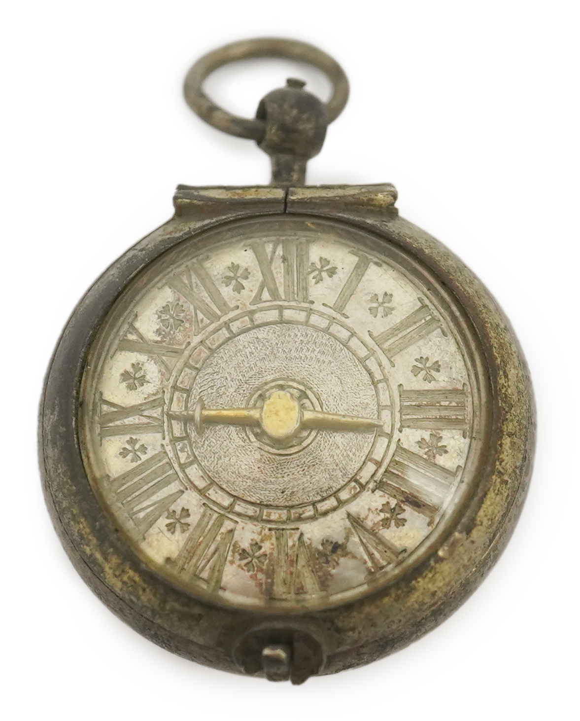 A 17th century style silver pill/poison box modelled as a single hand pocket watch